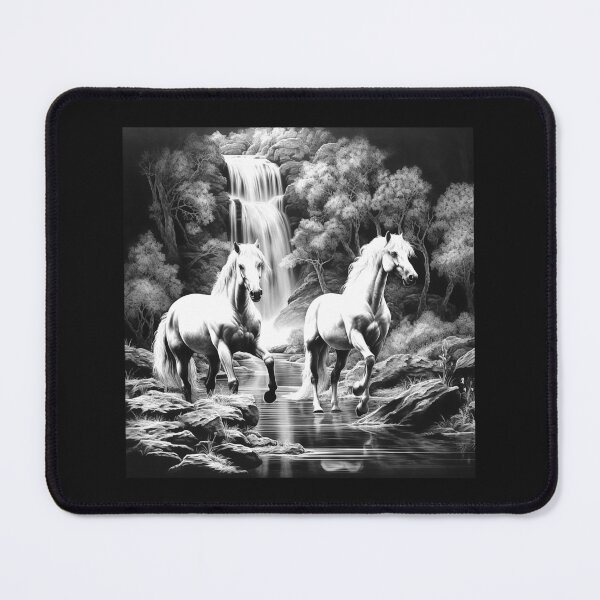 Item preview, Two White Horses by Waterfall – Black and White Fantasy Equestrian Art designed and sold by inkoutninja.