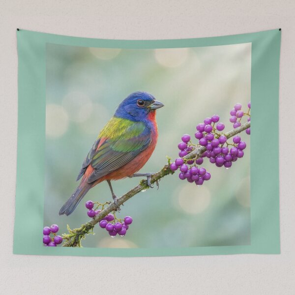 Item preview, Painted Bunting on a Beautyberry Branch designed and sold by Tridentulus.