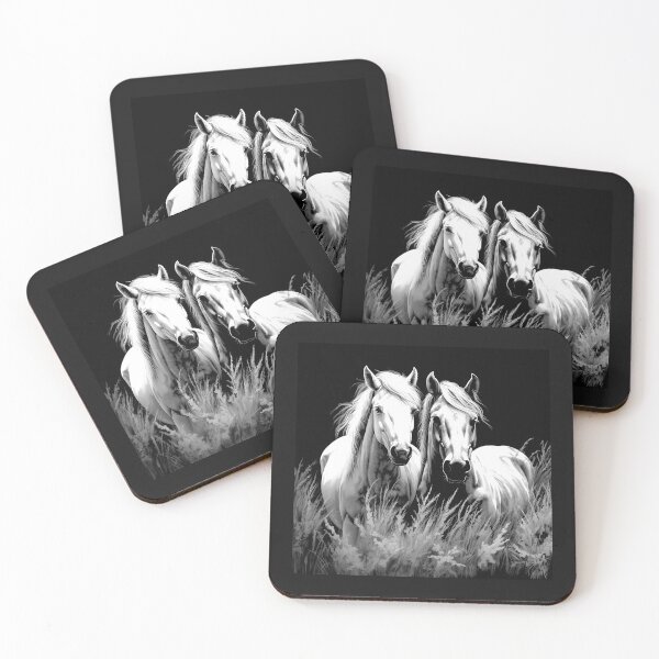 Item preview, Two White Horses in Tall Grass – Black and White Equestrian Art designed and sold by inkoutninja.