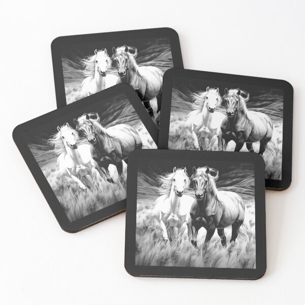 Item preview, Two Running Horses in Grass – Black and White Equestrian Art designed and sold by inkoutninja.