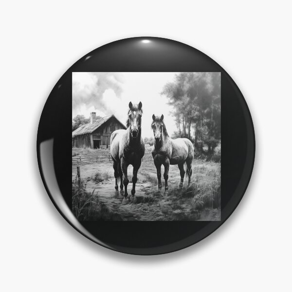 Item preview, Two Horses on Country Farm Path – Black and White Rustic Equestrian Art designed and sold by inkoutninja.