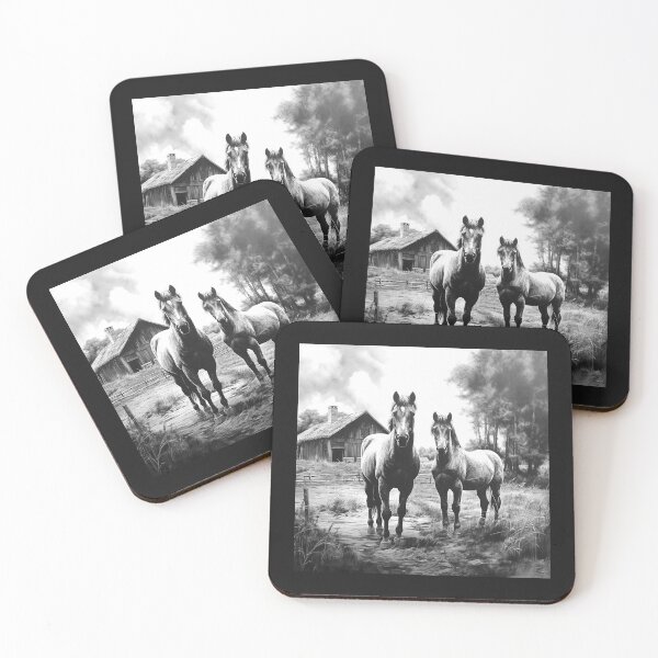 Item preview, Two Horses on Country Farm Path – Black and White Rustic Equestrian Art designed and sold by inkoutninja.