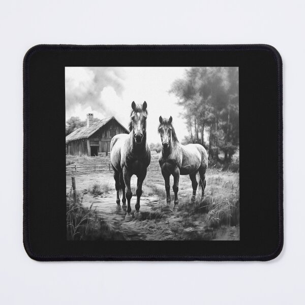 Item preview, Two Horses on Country Farm Path – Black and White Rustic Equestrian Art designed and sold by inkoutninja.