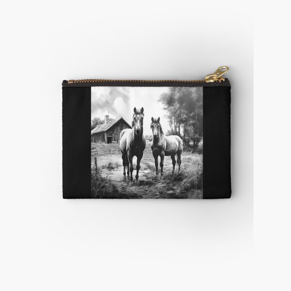 Item preview, Two Horses on Country Farm Path – Black and White Rustic Equestrian Art designed and sold by inkoutninja.