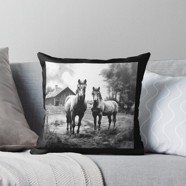 Item preview, Two Horses on Country Farm Path – Black and White Rustic Equestrian Art designed and sold by inkoutninja.