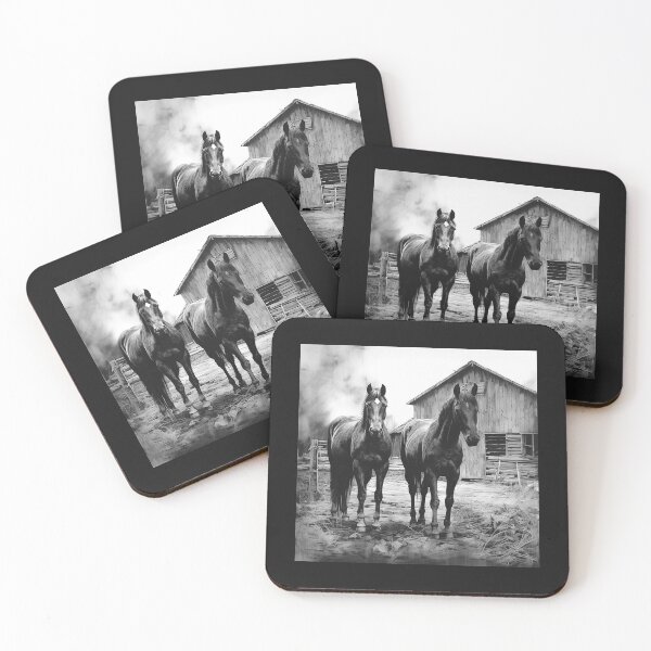 Item preview, Two Black Horses by Rustic Barn – Black and White Farmhouse Equestrian Art designed and sold by inkoutninja.