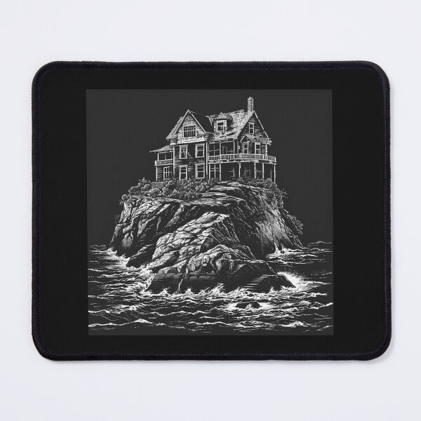 Item preview, Haunted House on Rocky Island – Black and White Gothic Ocean Art designed and sold by inkoutninja.
