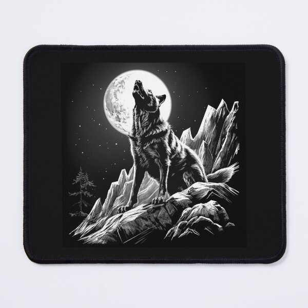 Item preview, Howling Wolf Under Full Moon – Black and White Mountain Wildlife Art designed and sold by inkoutninja.