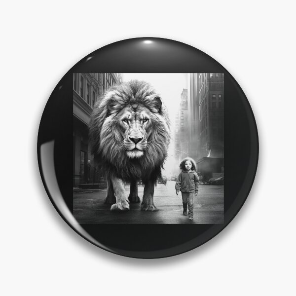 Item preview, Giant Lion Walking with Child in City – Black and White Surreal Wildlife Art designed and sold by inkoutninja.