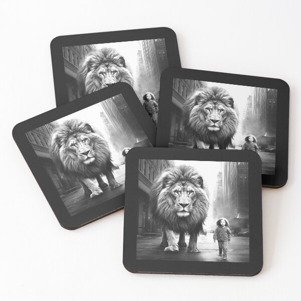 Item preview, Giant Lion Walking with Child in City – Black and White Surreal Wildlife Art designed and sold by inkoutninja.