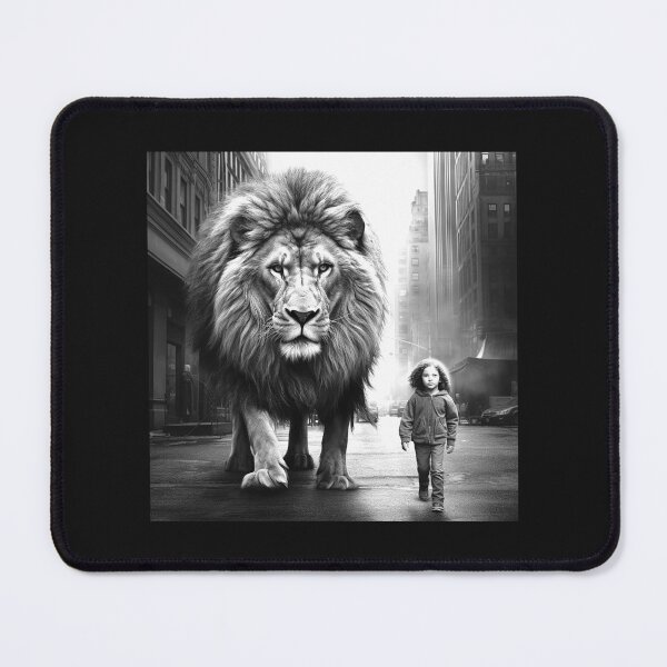 Item preview, Giant Lion Walking with Child in City – Black and White Surreal Wildlife Art designed and sold by inkoutninja.