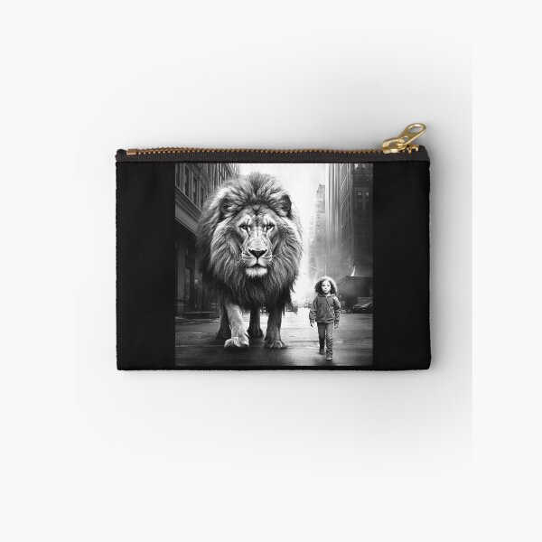 Item preview, Giant Lion Walking with Child in City – Black and White Surreal Wildlife Art designed and sold by inkoutninja.