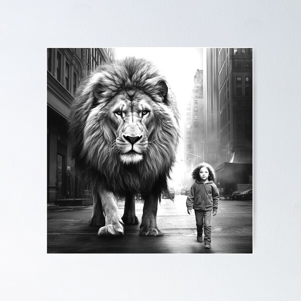 Item preview, Giant Lion Walking with Child in City – Black and White Surreal Wildlife Art designed and sold by inkoutninja.