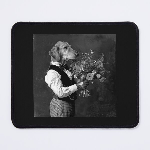 Item preview, Dog Gentleman Holding Flowers – Black and White Vintage Pet Portrait Art designed and sold by inkoutninja.