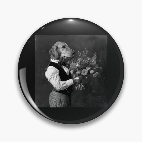 Item preview, Dog Gentleman Holding Flowers – Black and White Vintage Pet Portrait Art designed and sold by inkoutninja.