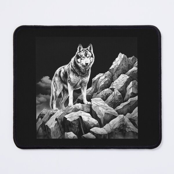 Item preview, Wolf Standing on Rocky Mountain – Black and White Wilderness Art designed and sold by inkoutninja.