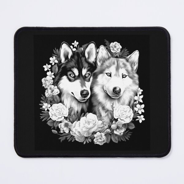 Item preview, Two Huskies with Flowers – Black and White Floral Dog Art designed and sold by inkoutninja.