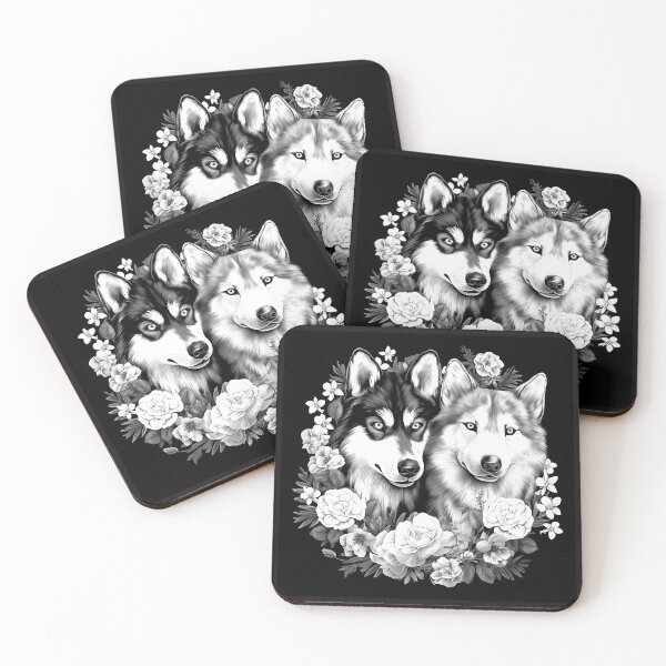 Item preview, Two Huskies with Flowers – Black and White Floral Dog Art designed and sold by inkoutninja.