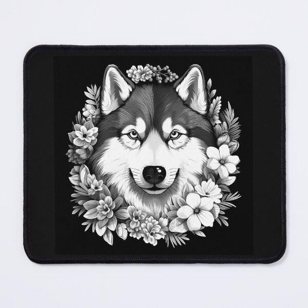 Item preview, Floral Husky Portrait – Black and White Siberian Husky Dog Art designed and sold by inkoutninja.