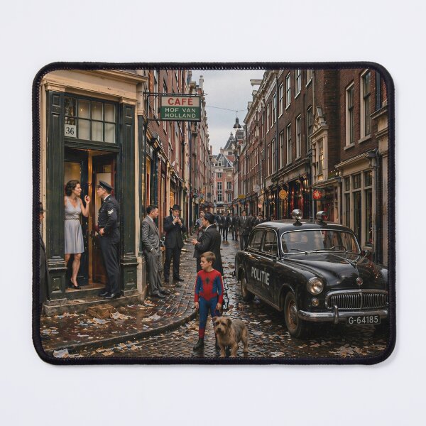 Item preview, Vintage Amsterdam Street Scene with Retro Police Car and Surreal Spider Hero designed and sold by Image Creative.