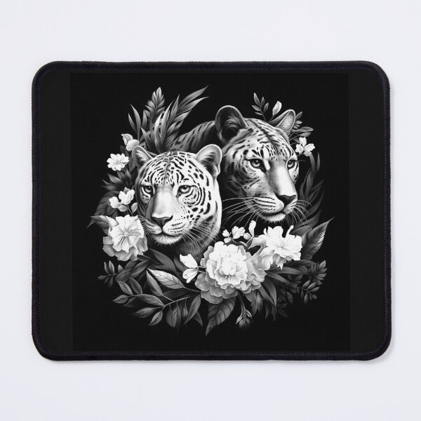 Item preview, Two Leopards with Flowers – Black and White Floral Big Cat Art designed and sold by inkoutninja.