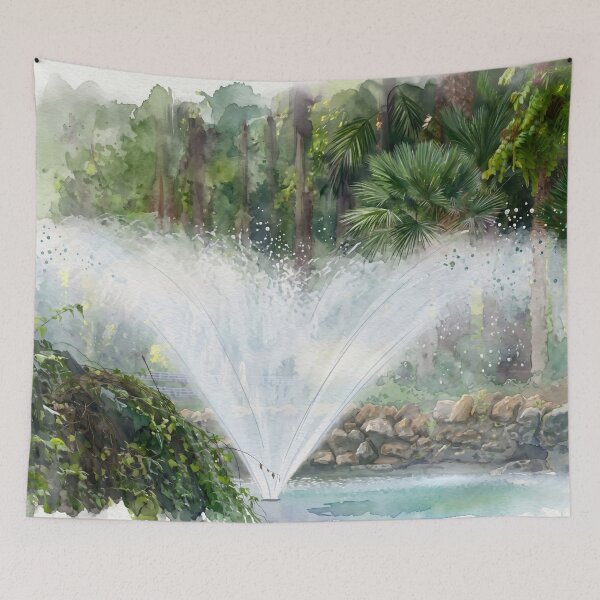 Item preview, Garden Fountain in Watercolor Style — Digital Art Transformation from Real Photography | Lush Landscape Fine Art  designed and sold by M.ALK.Watercolor.