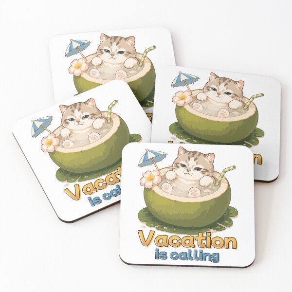 Item preview, Vacation Is Calling Cute Coconut Cat Summer Illustration designed and sold by Muri Neko.