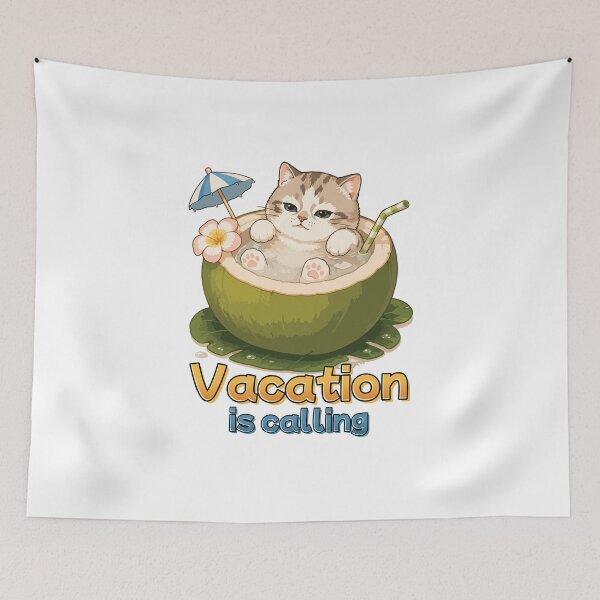 Item preview, Vacation Is Calling Cute Coconut Cat Summer Illustration designed and sold by Muri Neko.