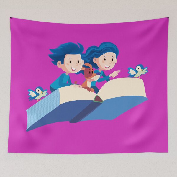 Item preview, boy and a girl are happily flying and dreaming on a big book designed and sold by duxpavlic.
