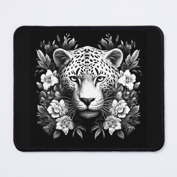 Item preview, White Leopard with Flowers – Black and White Floral Big Cat Art designed and sold by inkoutninja.
