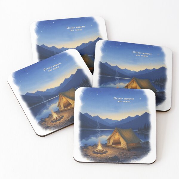 Item preview, Collect moments not things campfire lake mountain watercolor art designed and sold by icemanphotos.