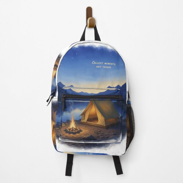 Item preview, Collect moments not things campfire lake mountain watercolor art designed and sold by icemanphotos.