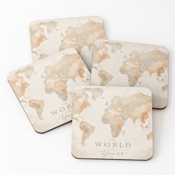 Item preview, Vintage watercolor world map with inspirational quote 'The World is Yours' on beige paper texture background designed and sold by Jubjangm3.