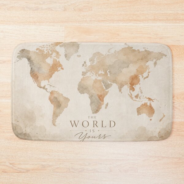 Item preview, Vintage watercolor world map with inspirational quote 'The World is Yours' on beige paper texture background designed and sold by Jubjangm3.