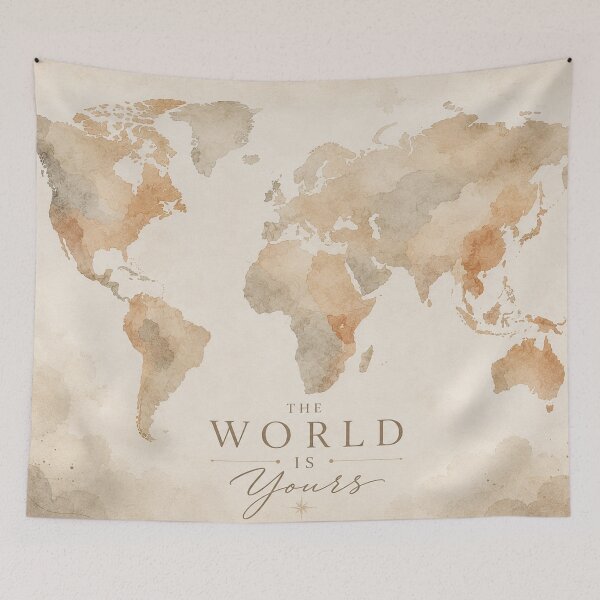 Item preview, Vintage watercolor world map with inspirational quote 'The World is Yours' on beige paper texture background designed and sold by Jubjangm3.
