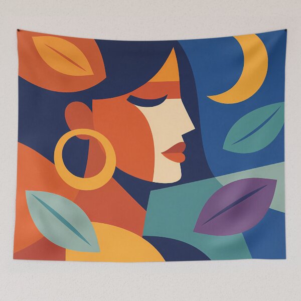 Item preview, Abstract Moonlit Face with Leaves and Hoop Earring designed and sold by InkSmithery.
