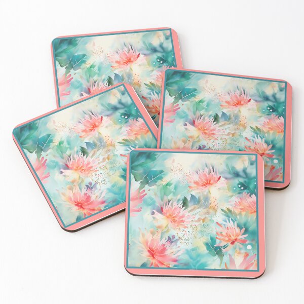 Item preview, Coral Pink Watercolor Flowers • Turquoise Blue Abstract Jungle • Modern Floral Art designed and sold by Candice Dethise.