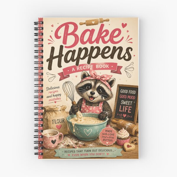 Item preview, Bake Happens Cute Raccoon Baking Recipe Book Cover Cottagecore Kitchen Art designed and sold by The Sandy Design Store.