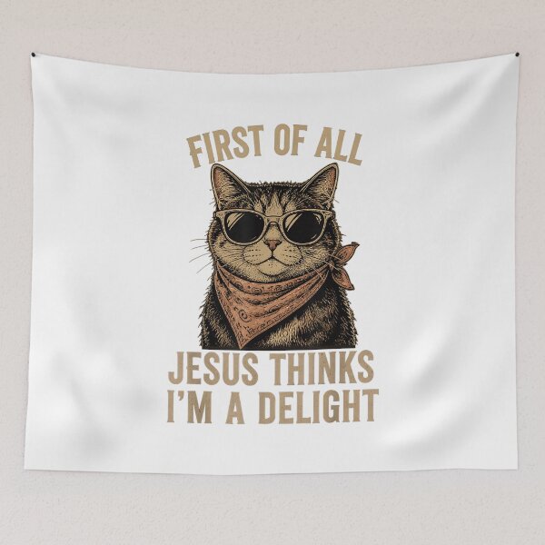 Item preview, Funny Christian Cat Jesus Thinks I’m A Delight Retro Meme Design designed and sold by kiralynstration.