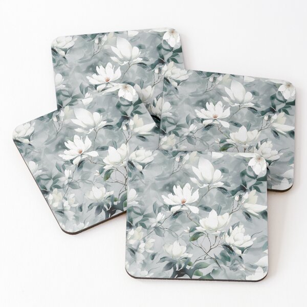 Item preview, White magnolia in watercolor • Soft gray background • Delicate minty leaves designed and sold by Candice Dethise.