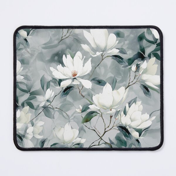 Item preview, White magnolia in watercolor • Soft gray background • Delicate minty leaves designed and sold by Candice Dethise.