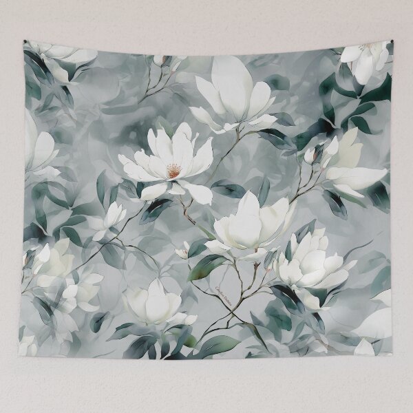 Item preview, White magnolia in watercolor • Soft gray background • Delicate minty leaves designed and sold by Candice Dethise.