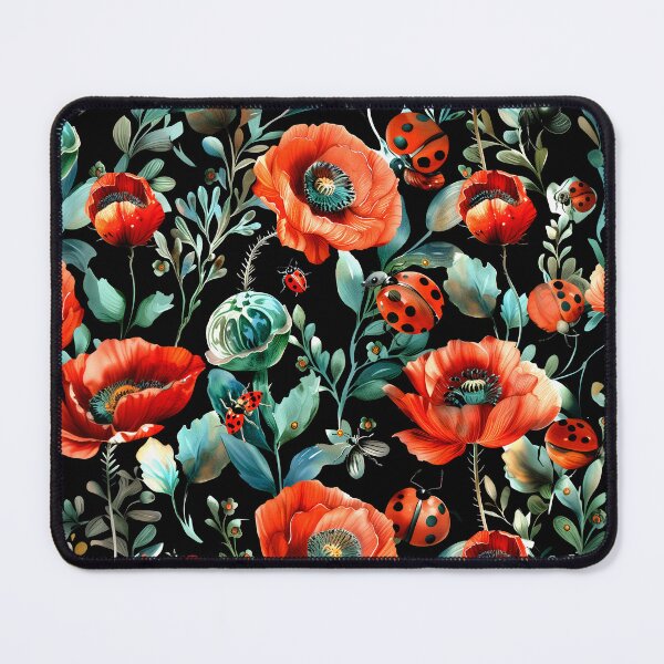 Item preview, Red poppies and ladybugs on a black background – Playful floral illustration designed and sold by Candice Dethise.