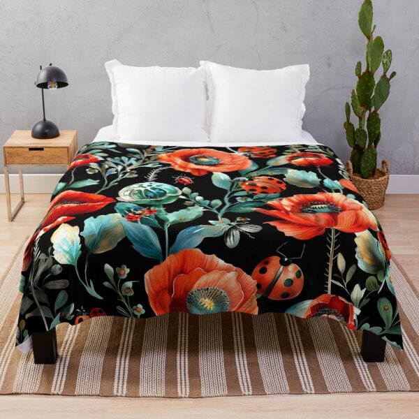 Item preview, Red poppies and ladybugs on a black background – Playful floral illustration designed and sold by Candice Dethise.