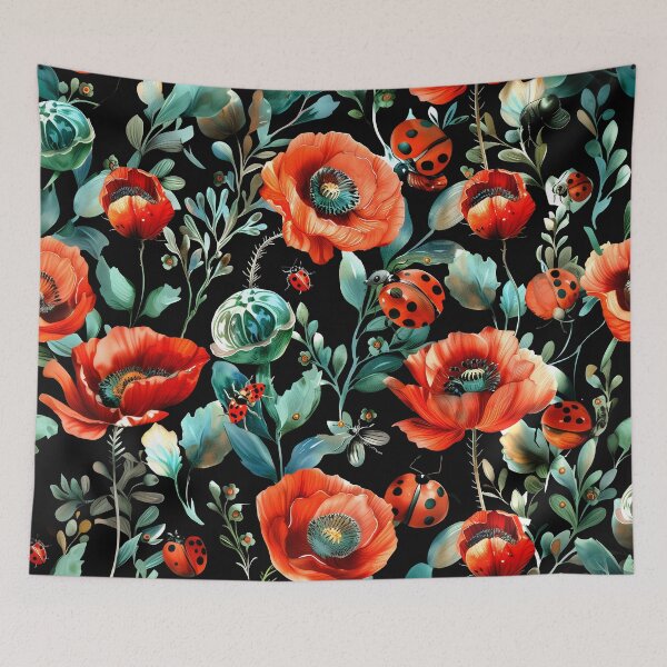 Item preview, Red poppies and ladybugs on a black background – Playful floral illustration designed and sold by Candice Dethise.