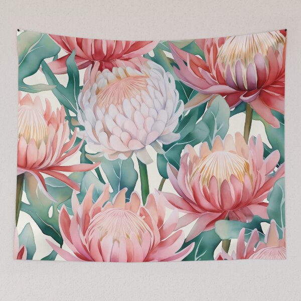 Item preview, Delicate pink protea flowers on pastel green leaves background • Soft floral illustration designed and sold by Candice Dethise.
