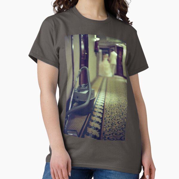 Wedding bride and groom and vacuum cleaner in hotel corridor Classic T-Shirt