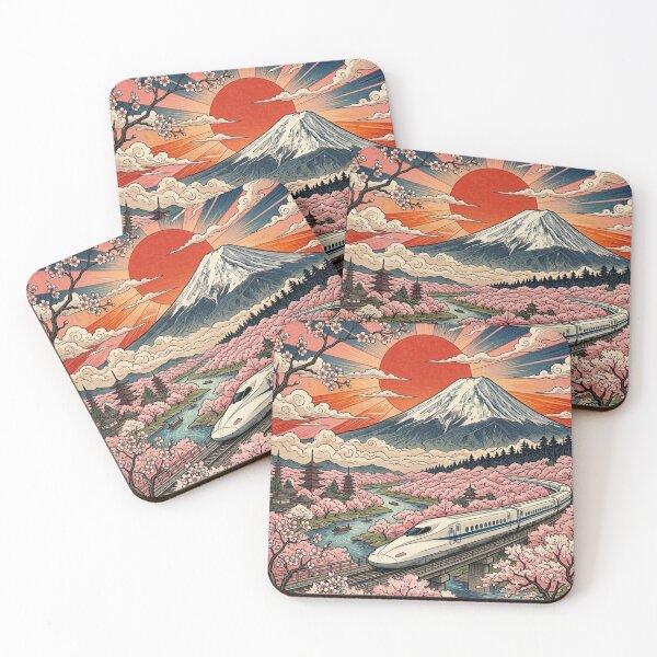 Item preview, Mount Fuji and Shinkansen Ukiyo-e Art – Japanese Cherry Blossom Landscape designed and sold by vekotpu.