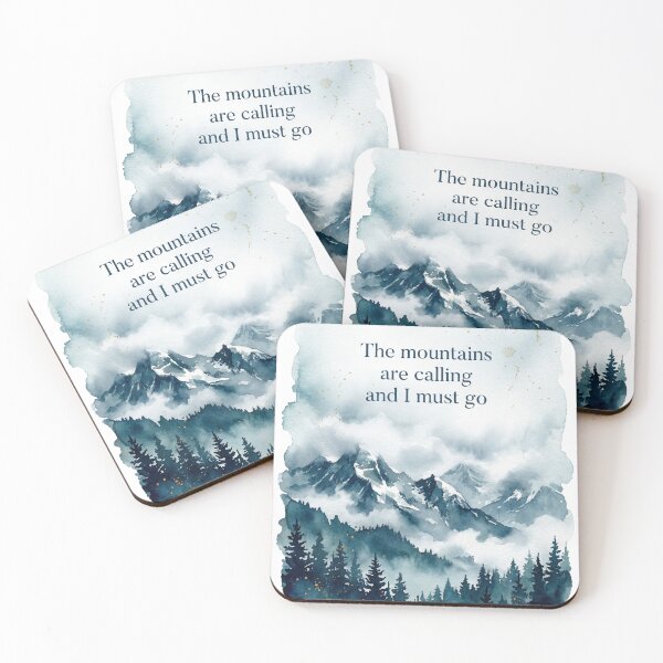 Item preview, The mountains are calling misty watercolor pine forest quote print designed and sold by icemanphotos.