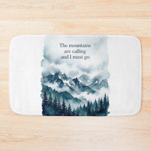 Item preview, The mountains are calling misty watercolor pine forest quote print designed and sold by icemanphotos.